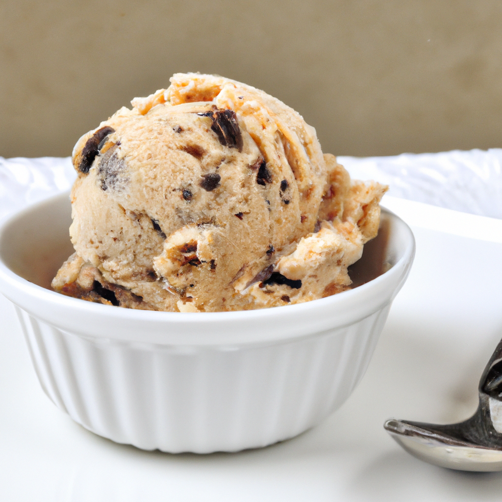 A scoop of homemade chocolate chip cookie dough ice cream in a white bowl