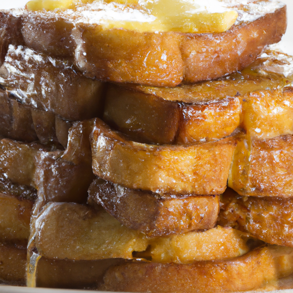 A stack of golden brown french toast with syrup and butter