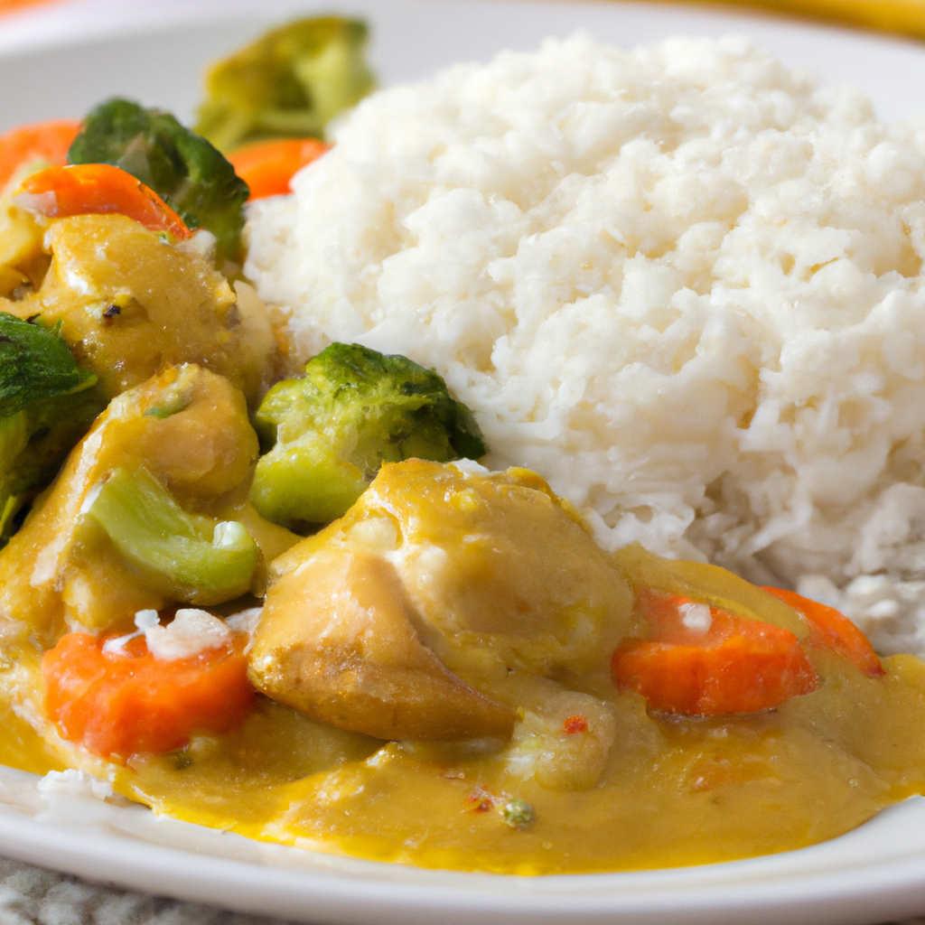 A dish of coconut curry chicken served with rice and steamed vegetables