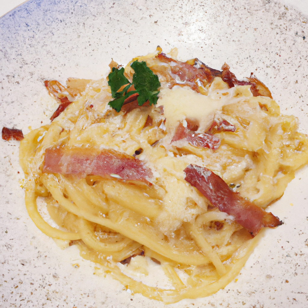 a plate of creamy carbonara pasta with bacon and parmesan cheese