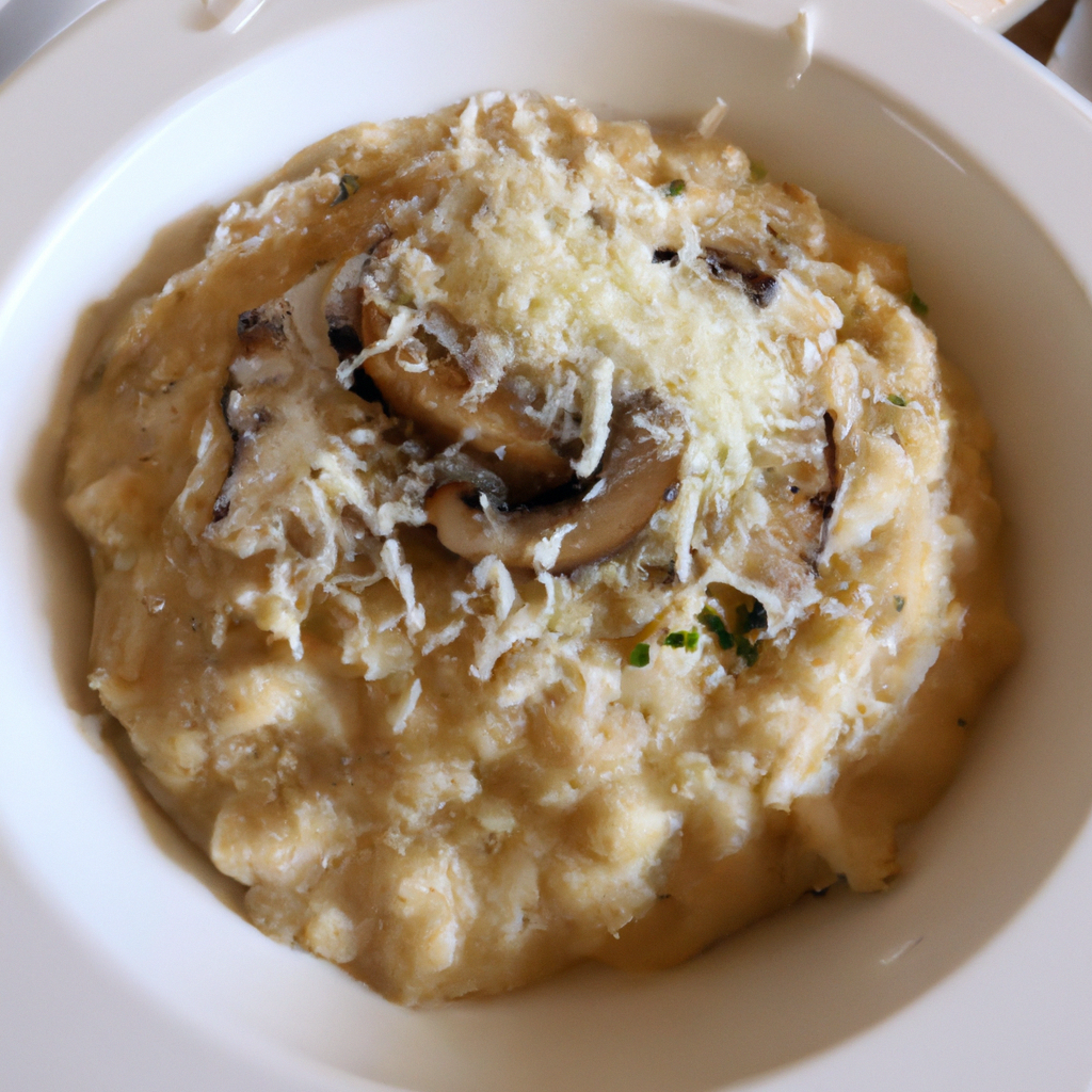 A bowl of creamy mushroom risotto with a sprinkle of parmesan cheese on top