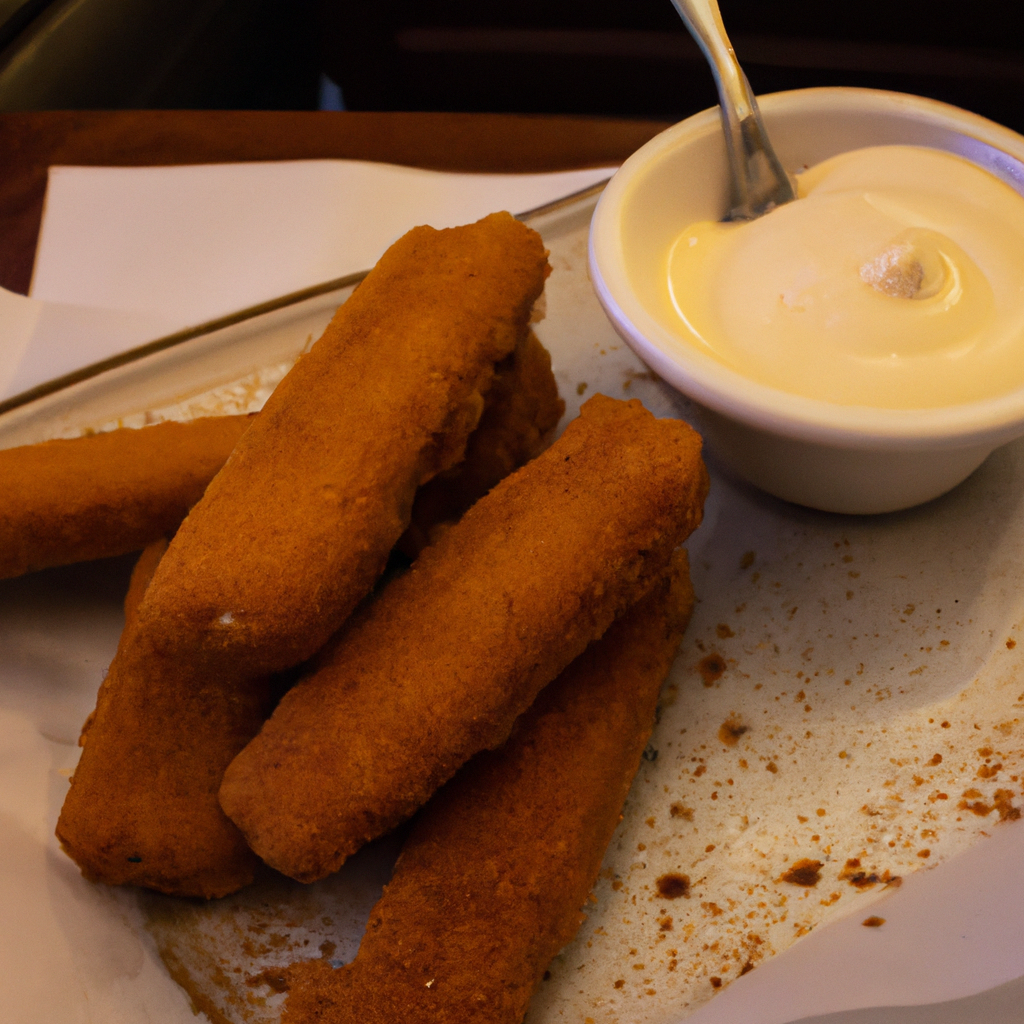 A golden brown plate of fish sticks with a side of tartar sauce