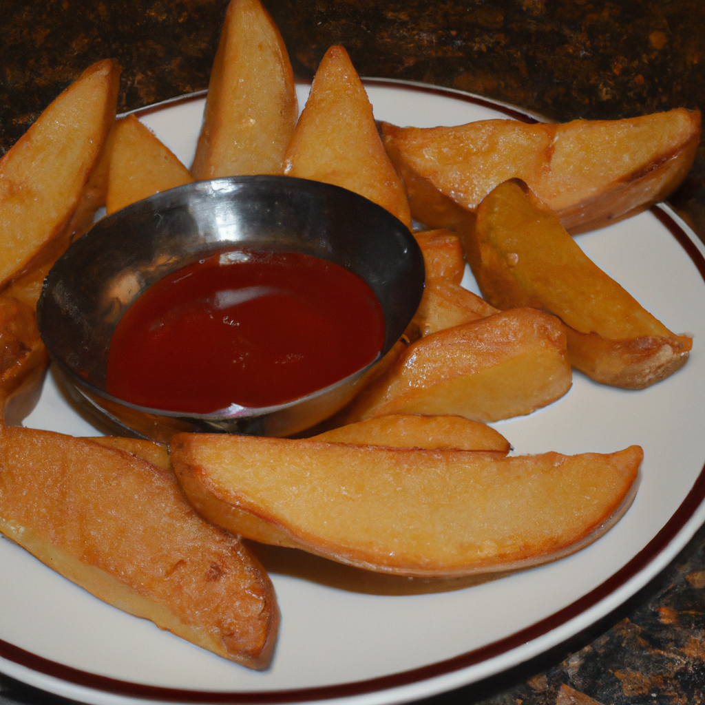 A plate of golden brown potato wedges with a side of ketchup