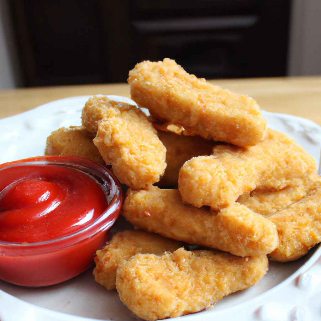 A plate of golden-brown chicken fingers with a side of ketchup