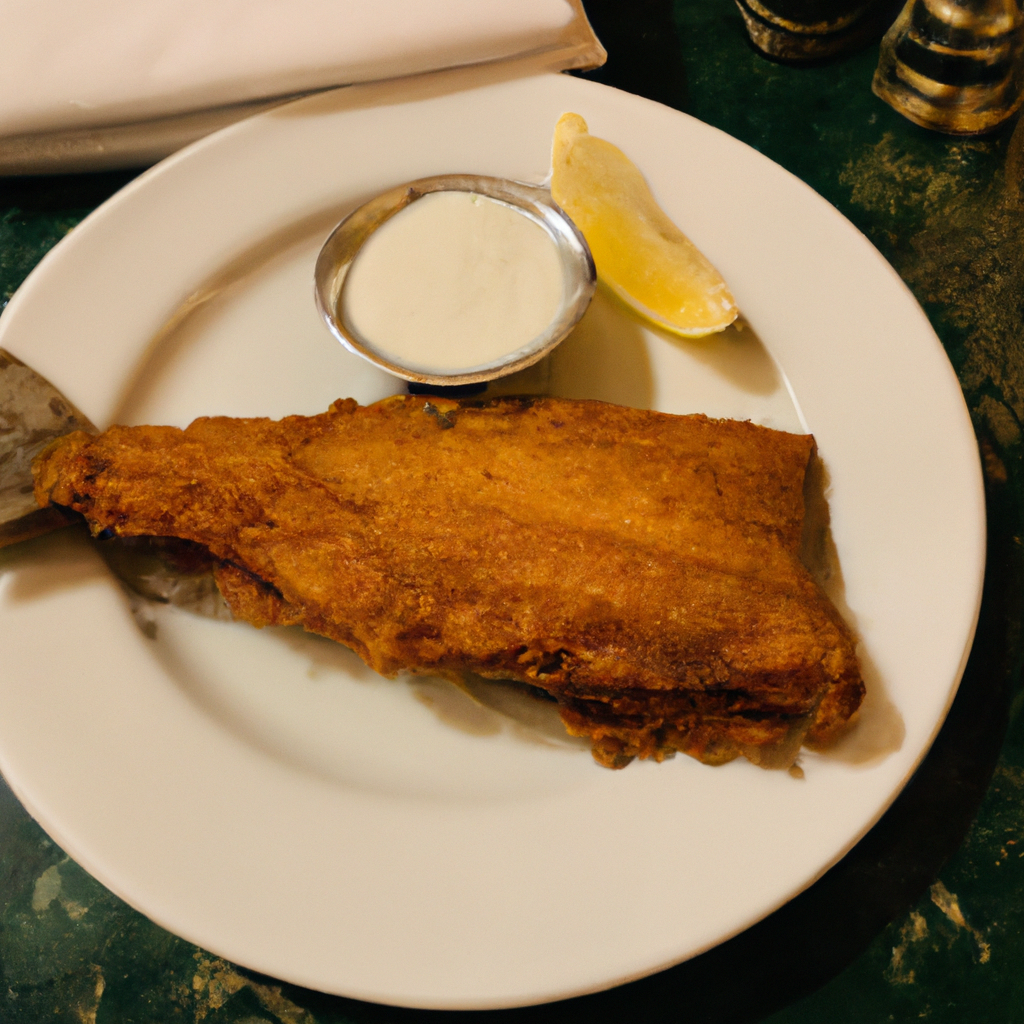 A golden brown fried fish with a side of tartar sauce