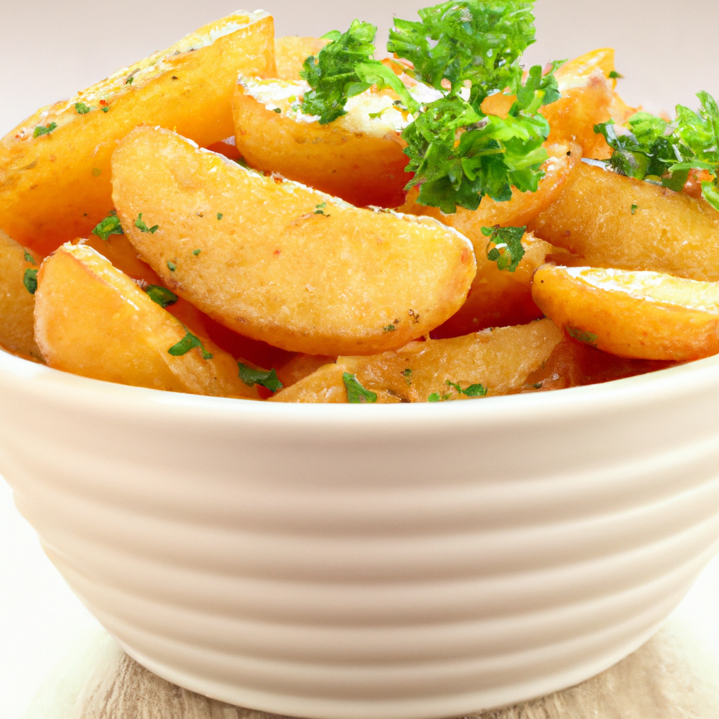 A bowl of golden potato wedges with a sprinkle of salt and parsley