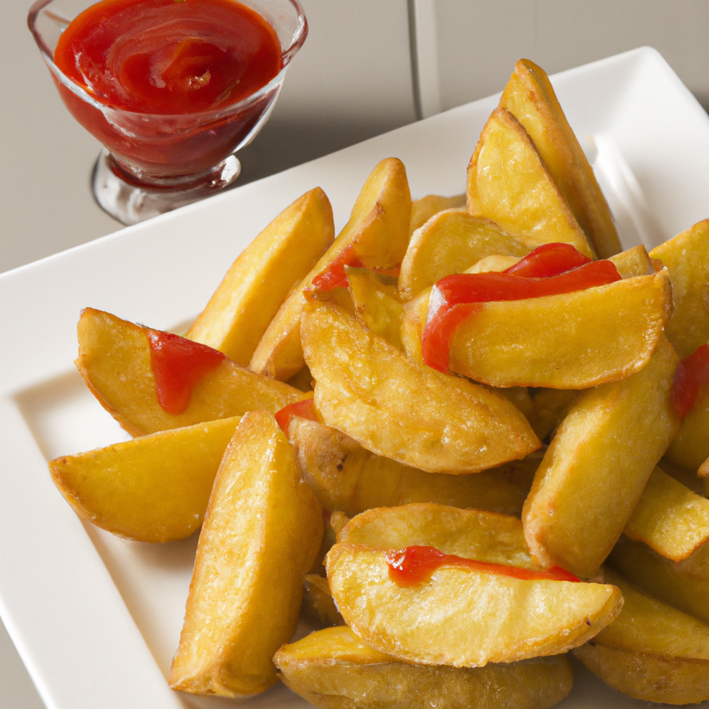 A plate of golden, crispy potato wedges with a side of ketchup