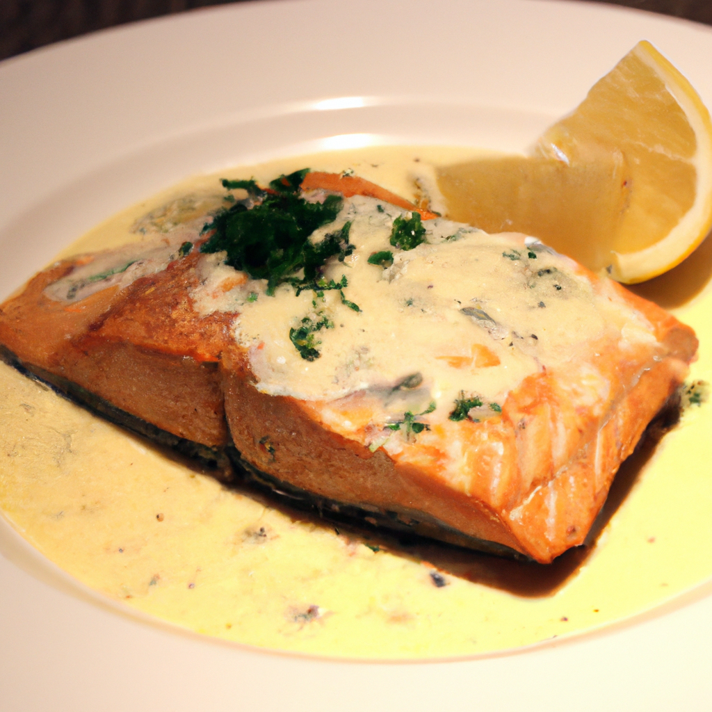 A golden brown salmon fillet with a lemon butter sauce