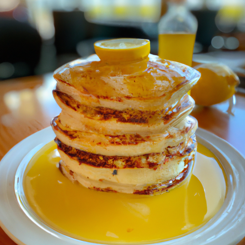 A stack of three light and fluffy pancakes with a drizzle of lemon syrup on top