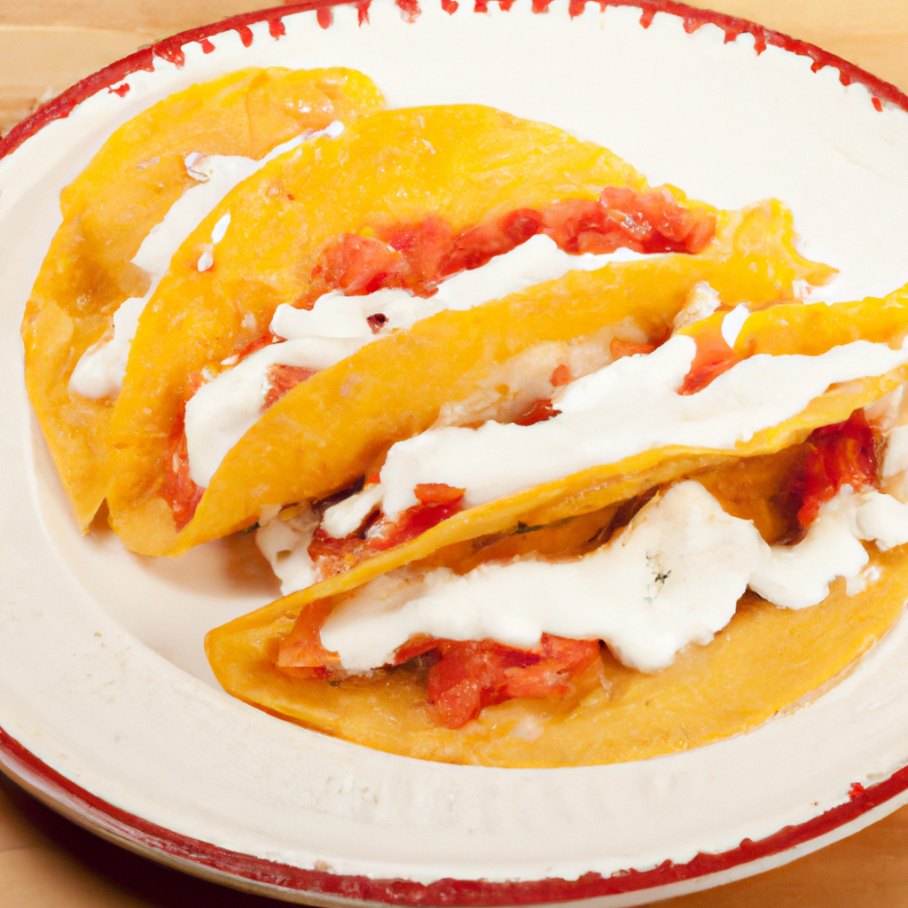 A plate of tacos with melted cheese, salsa, and sour cream