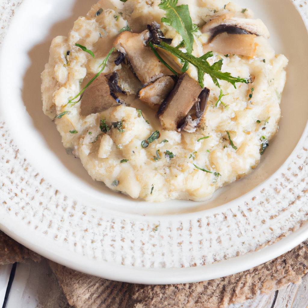 A plate of creamy, white risotto with mushrooms and herbs