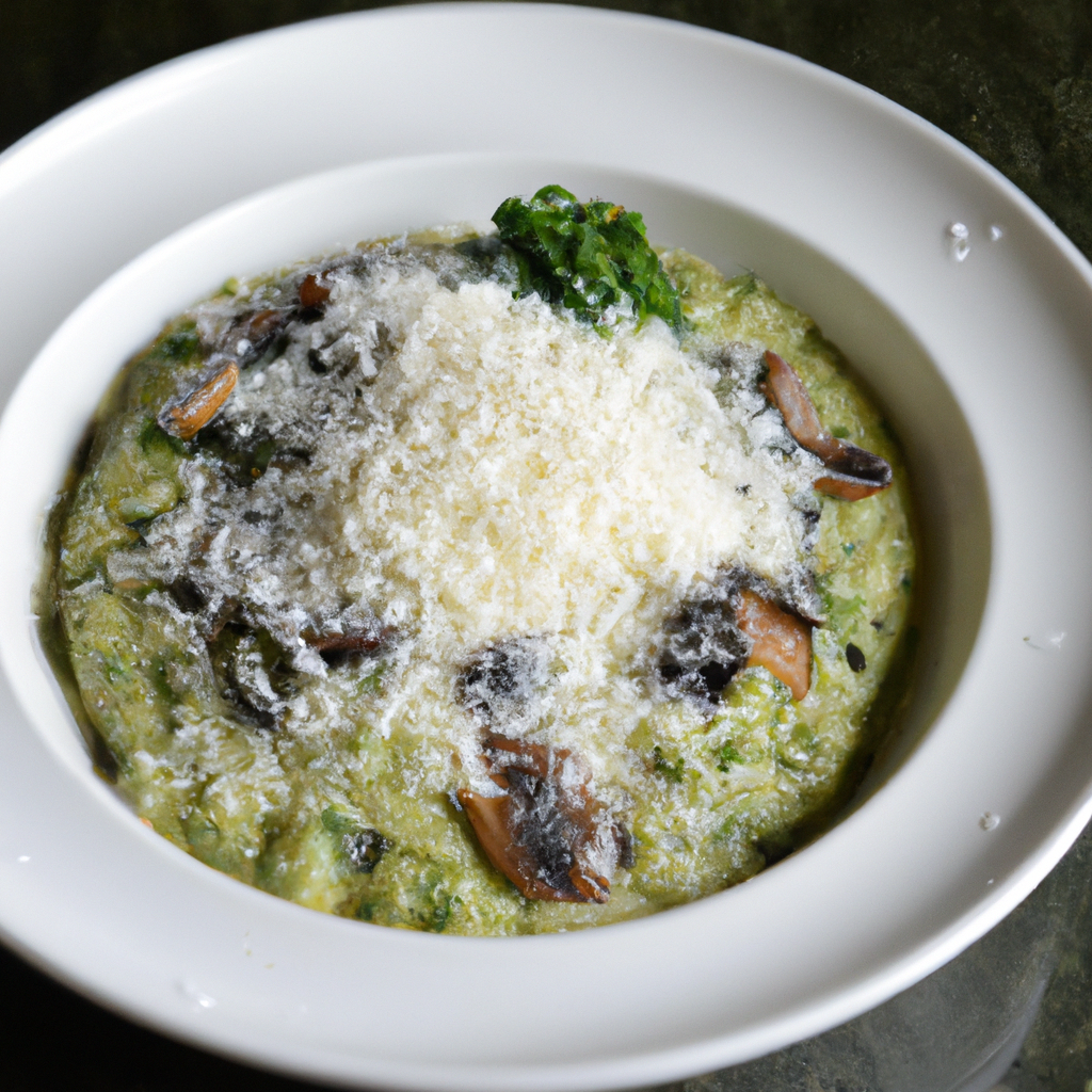 A bowl of creamy mushroom and spinach risotto with parmesan cheese sprinkled on top