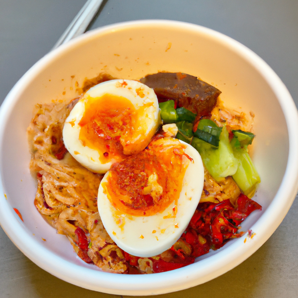 A bowl of spicy szechuan noodles with vegetables and a boiled egg