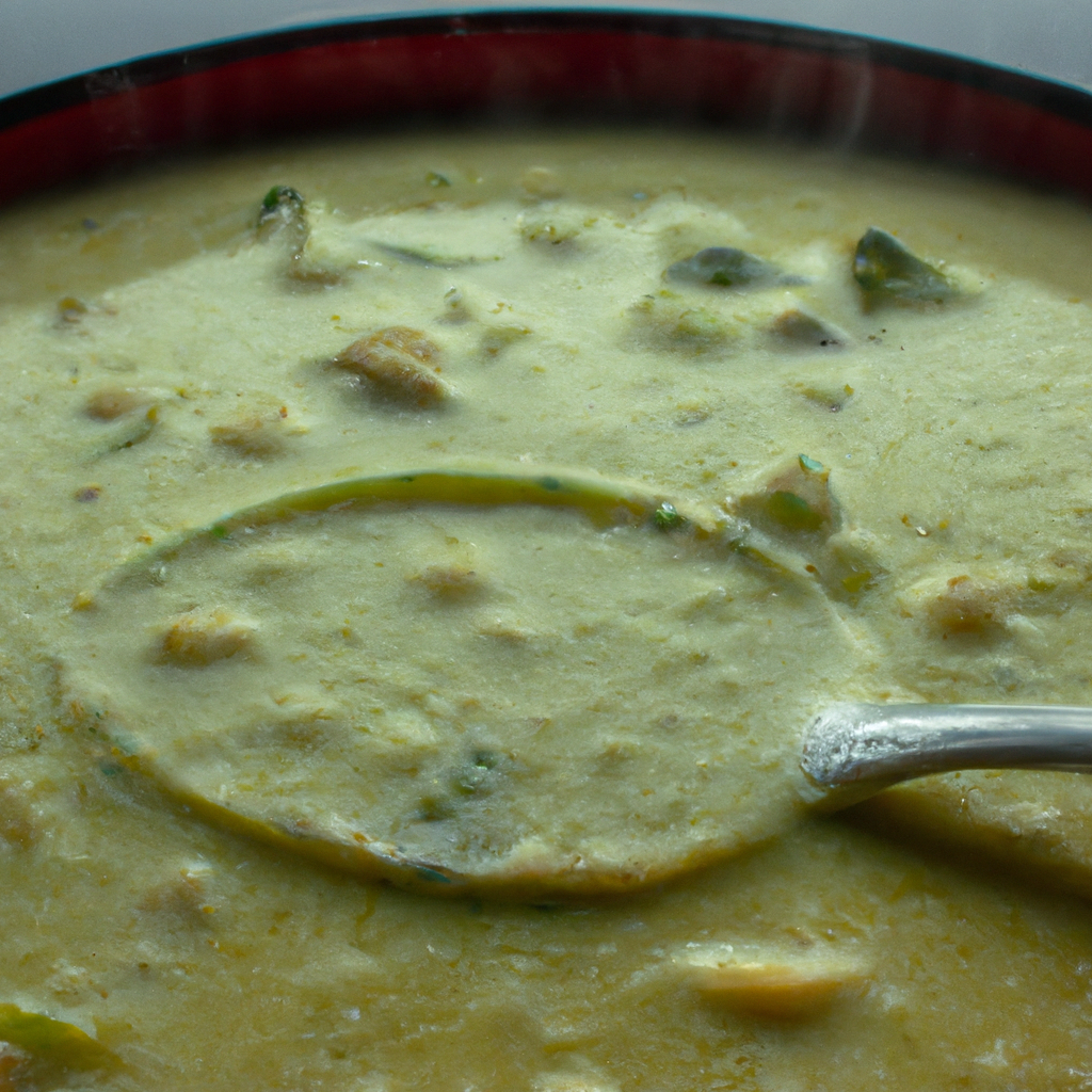 A bowl of steaming hot green curry with a spoon beside it