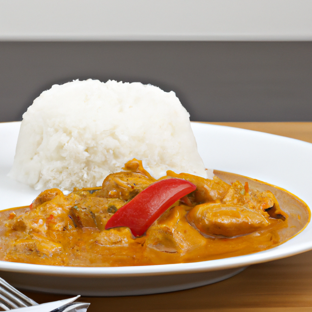 A plate of steaming hot spicy thai red curry with a side of jasmine rice