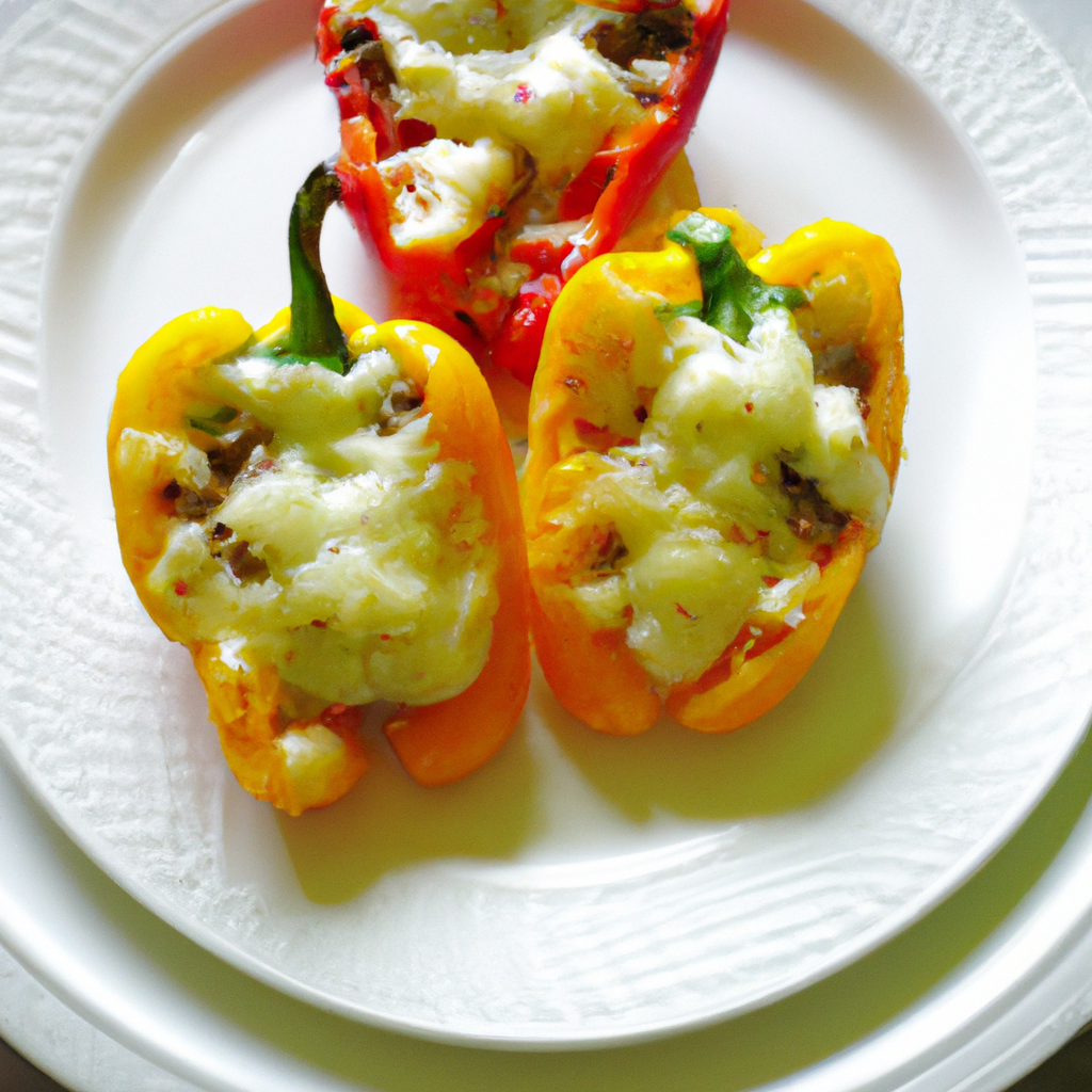 A plate of three colorful bell peppers stuffed with a savory filling and topped with melted cheese